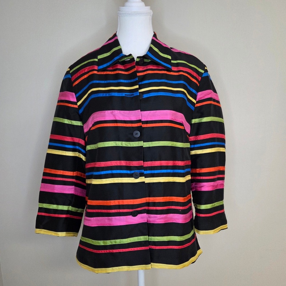 Vintage 80s Silk Jacket Bold‎ Rainbow Stripe Structured Silk Blazer Size 8 S M